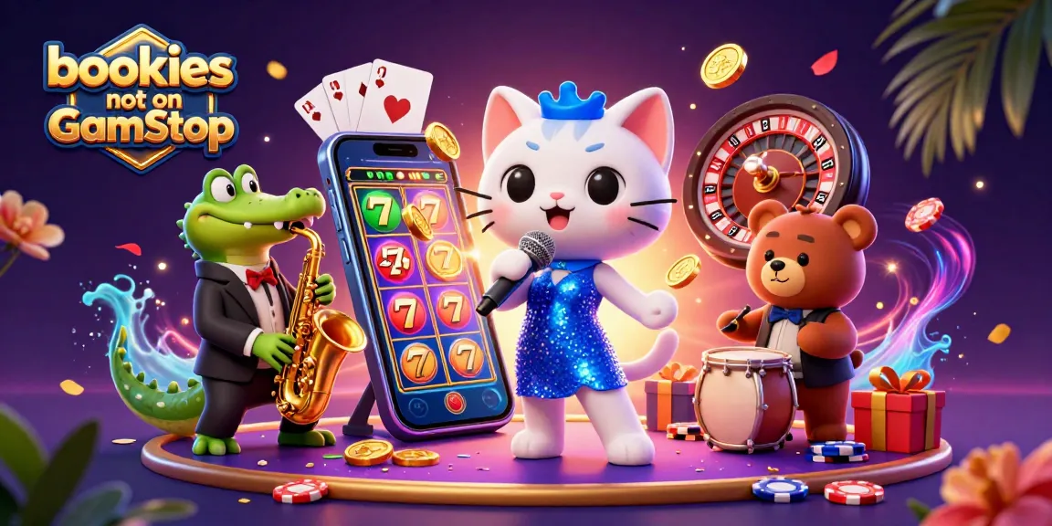 Bookies not on GamStop lively scene with a jazz-singer cat, saxophone crocodile, and drum bear amidst casino elements.