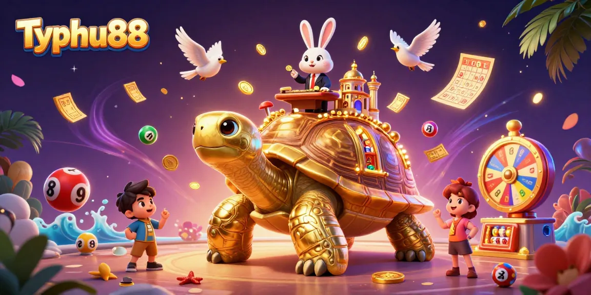 Typhu88 showcases a vibrant 3D casino scene with a golden tortoise hosting games, enriching player experience with vibrant elements.