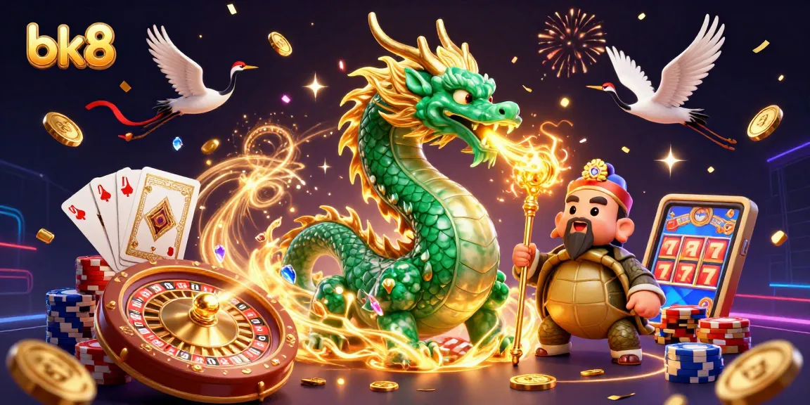 Experience the magic of bk8 with a vibrant casino-themed illustration featuring a jade dragon and dynamic game elements.