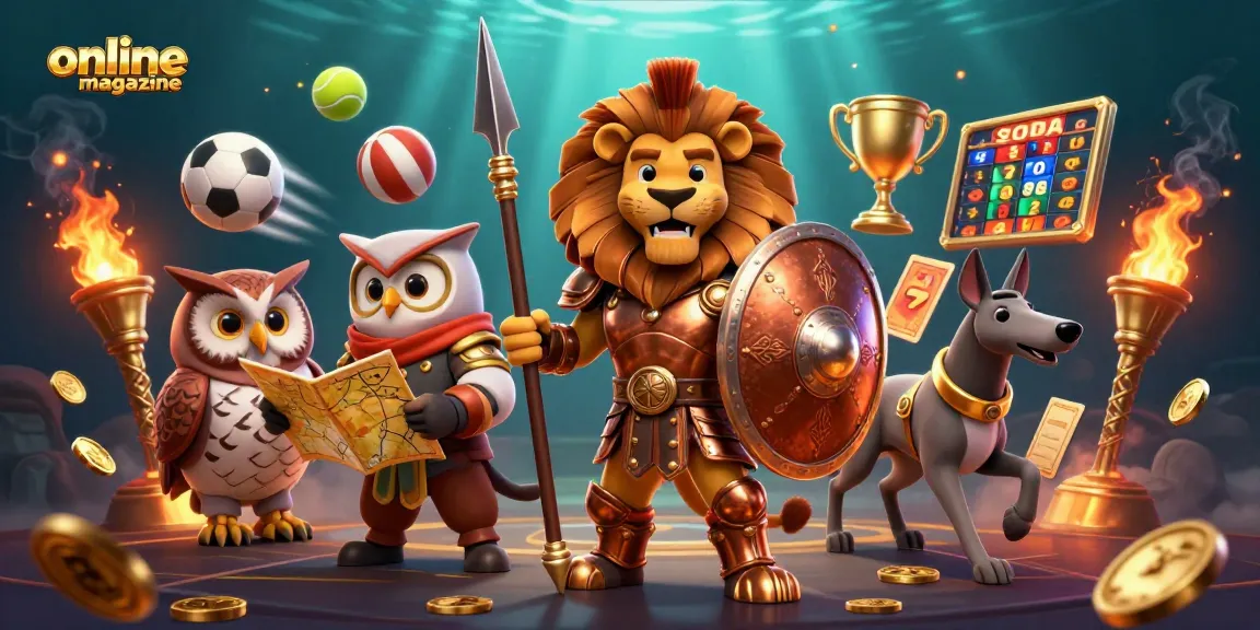 Engage with the thrilling visuals of an online magazine featuring a Spartan lion and vibrant casino elements.