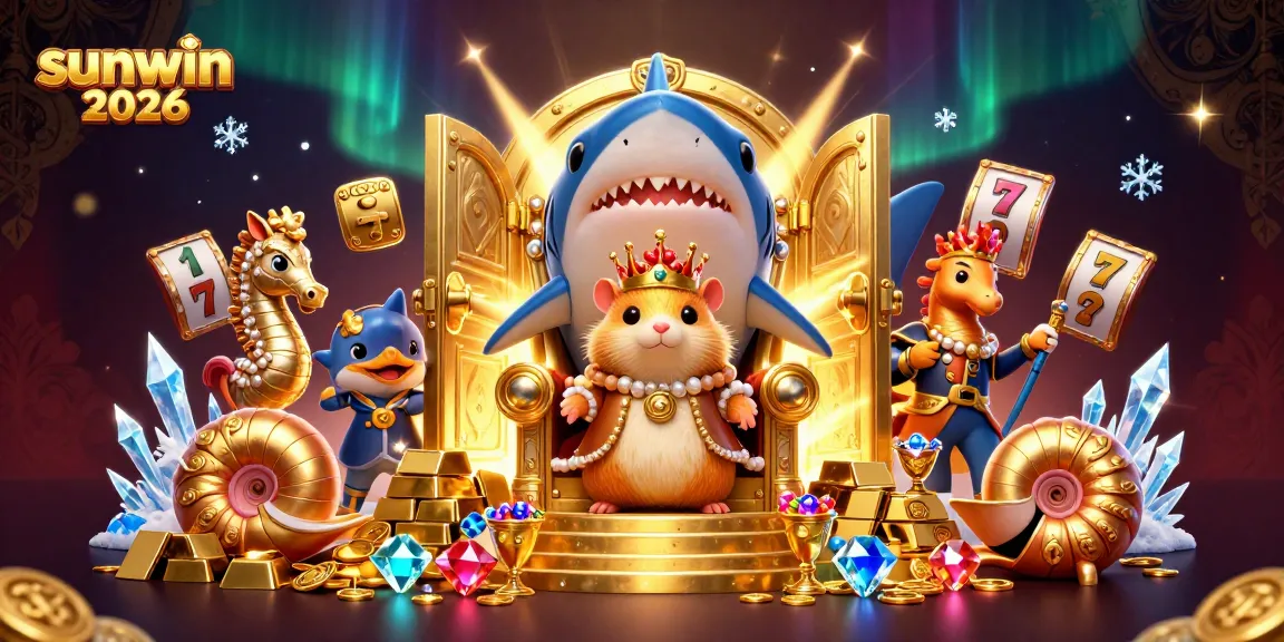 Experience the excitement of sunwin 2026 with our dynamic casino-themed illustration of a golden hamster king and treasure.