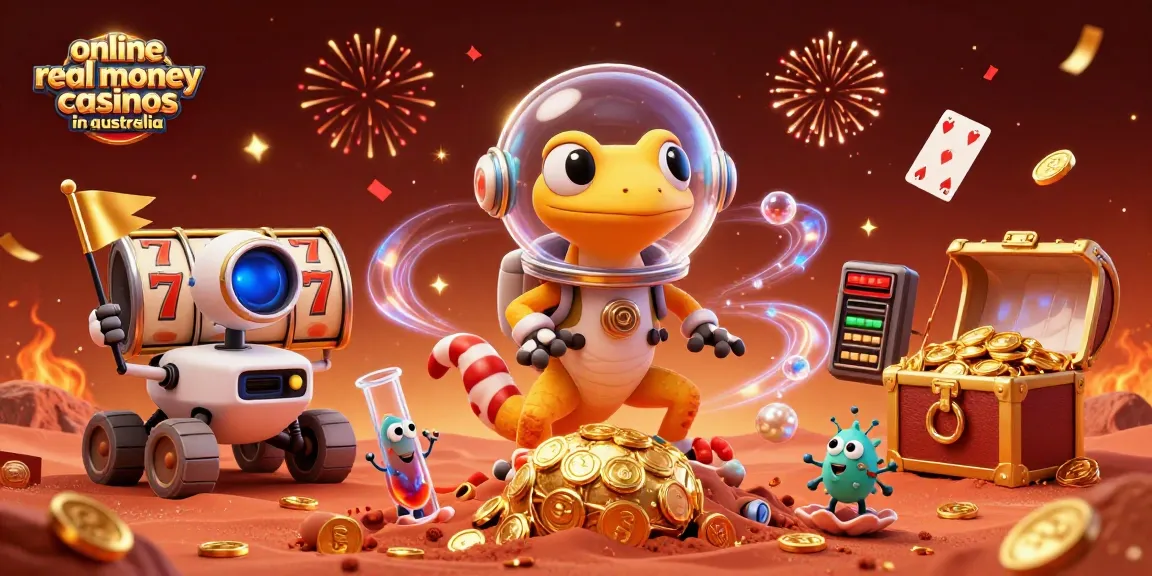 Playing at online real money casinos in Australia with vibrant Martian gecko and casino treasures.