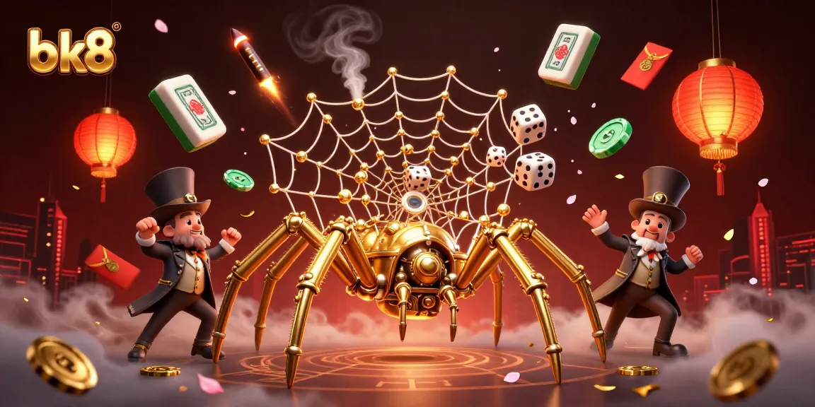 Experience the thrill of bk8 with a steampunk spider and flying dice in a vivid casino atmosphere.